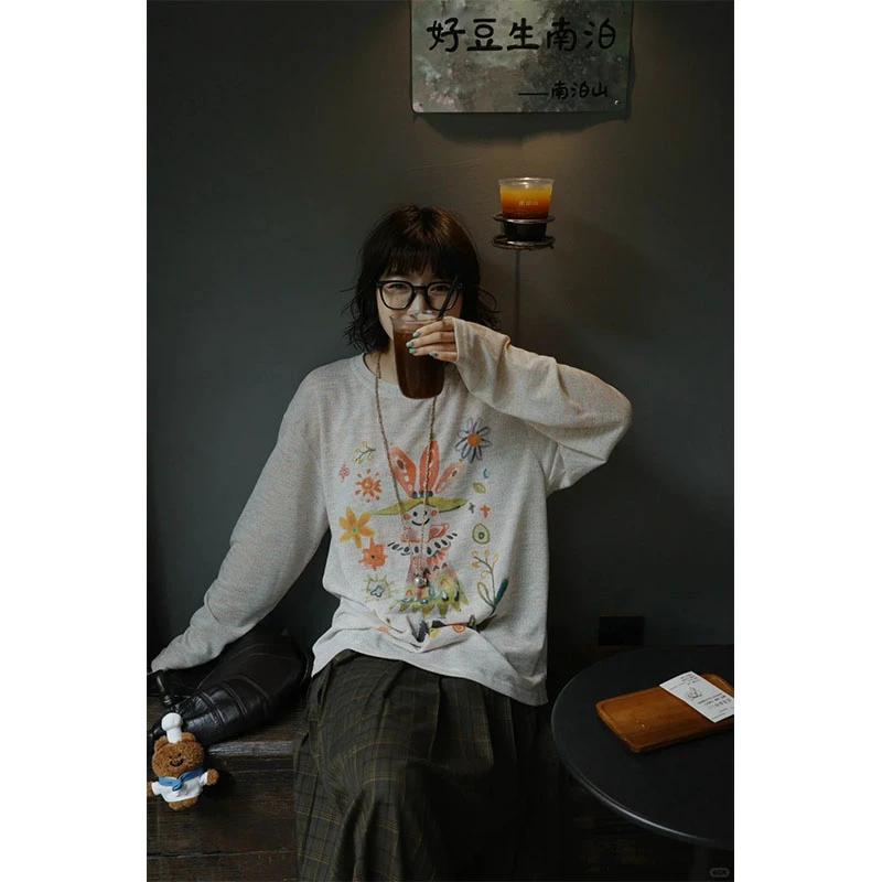 美式复古手绘涂鸦七彩色罩衫上衣女小众设计感打底薄透气长袖T恤