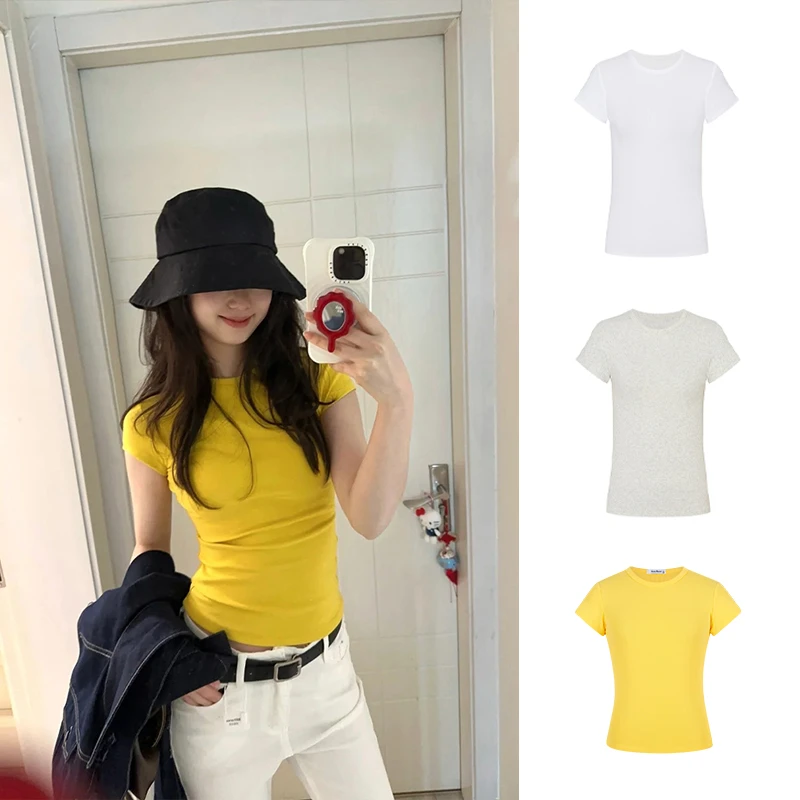 Moses Queen/魔西女王正肩短袖T恤夏季黄色减龄百搭圆领修身上衣