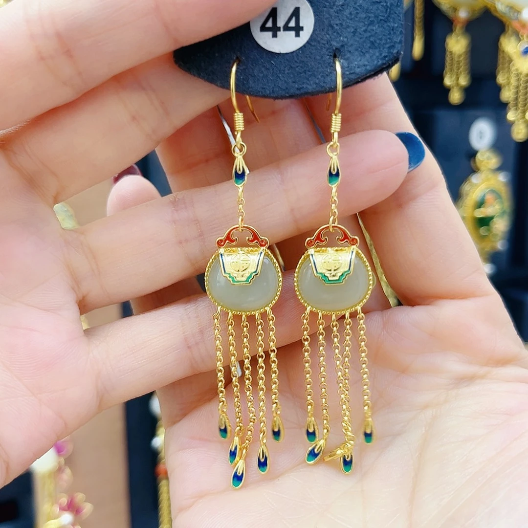 和田玉银S925镀金镶嵌耳饰