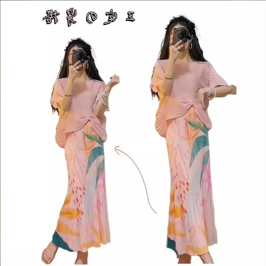 夏季日系三宅褶皱鱼尾半身裙显瘦减龄时尚穿搭长款休闲宽松印花