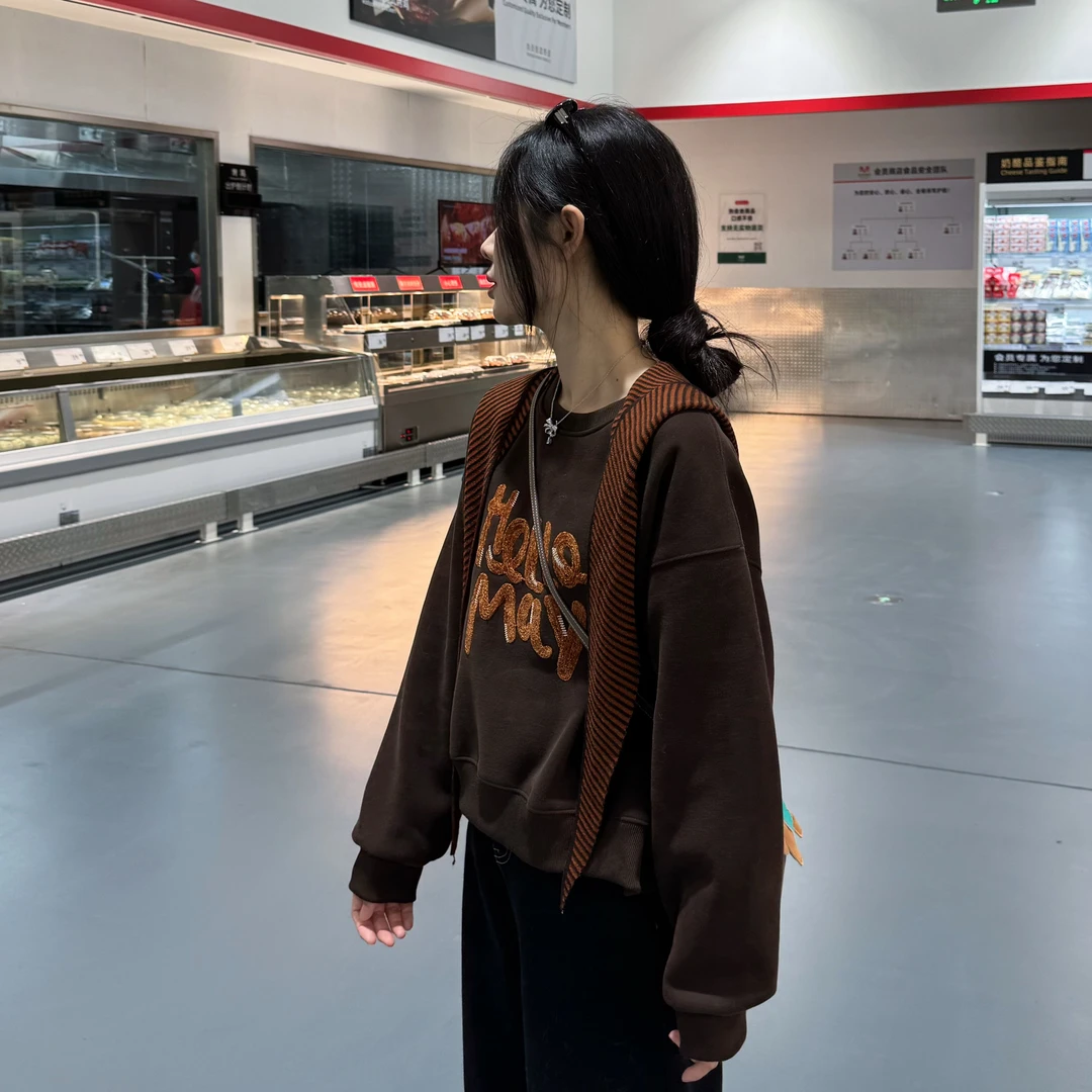 宿慕SUMU韩版重工刺绣加绒卫衣女10-10新款时尚宽松绒衫上衣1637
