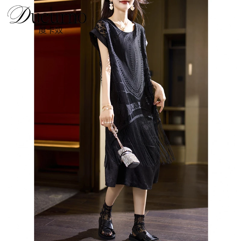 拼接连衣裙女夏季2025年新款时尚百搭气质蕾丝流苏大码中长裙子