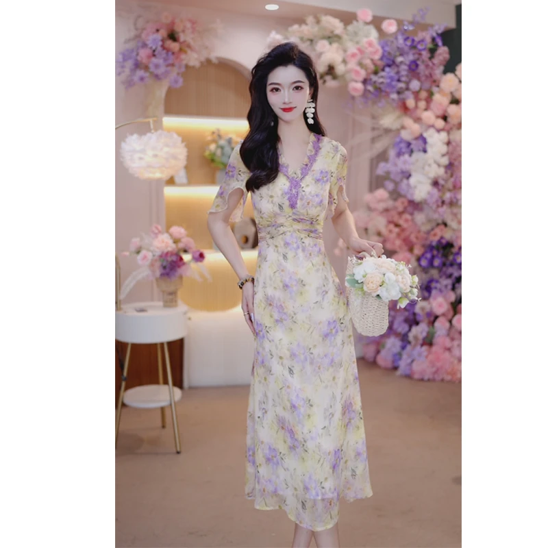 夏季新款女装时尚气质修身显瘦轻奢名媛裙子碎花法式连衣裙6273