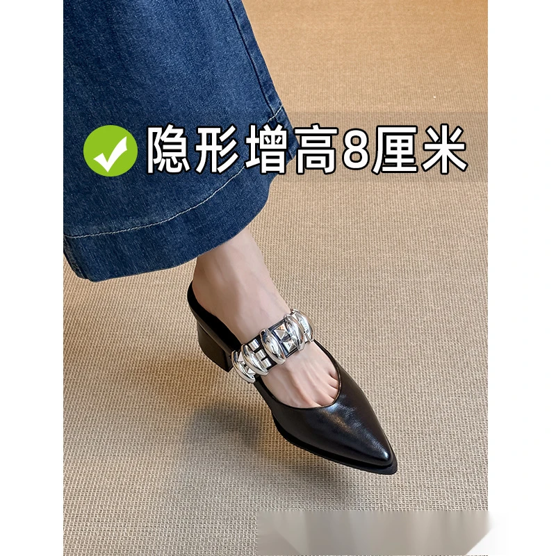 尖头包头半拖鞋女2025年新款春夏季银色高跟小个子内增高穆勒单鞋