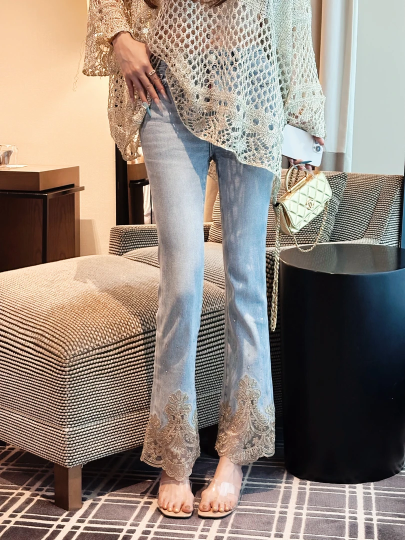 GUIDI GUDI【黄金甲】黄加蓝蕾丝复古重工水洗牛仔裤 K9510907H