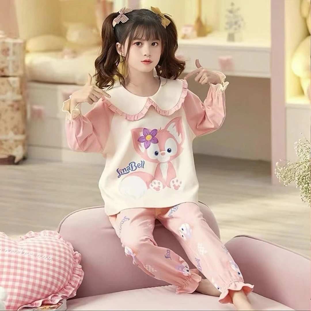 2025春秋季新款薄款卡通女童睡衣卡通草莓熊中大童长袖家居服套装