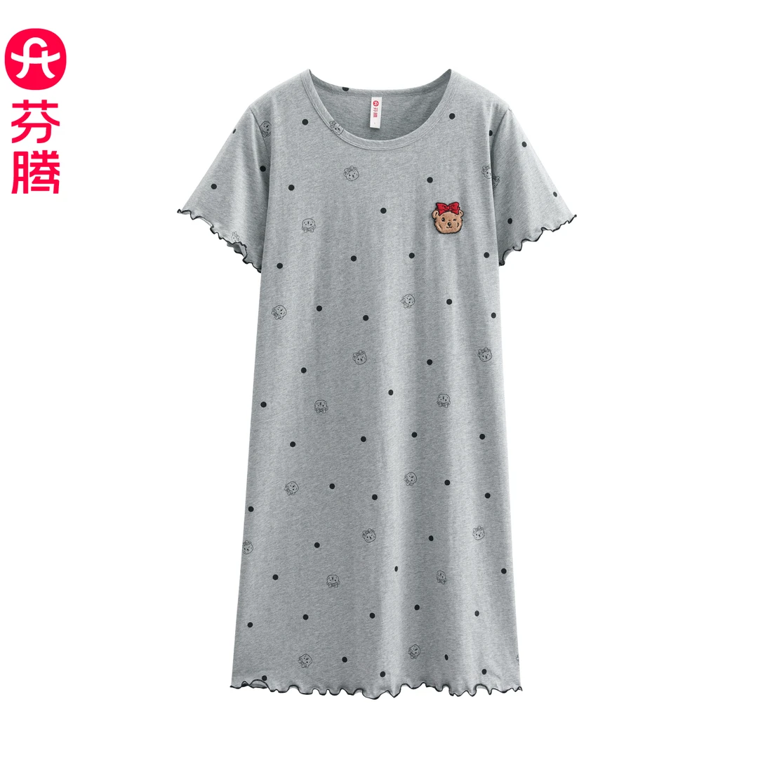 芬腾睡裙睡衣女款2025新款夏季薄款纯棉短袖中裙可爱宽松全棉裙子