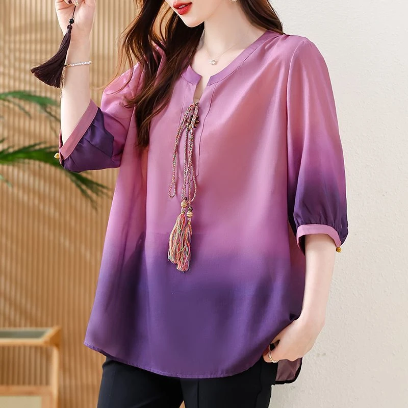 轻奢渐变设计感上衣新款夏季大码宽松遮肚气质高级T恤小衫女