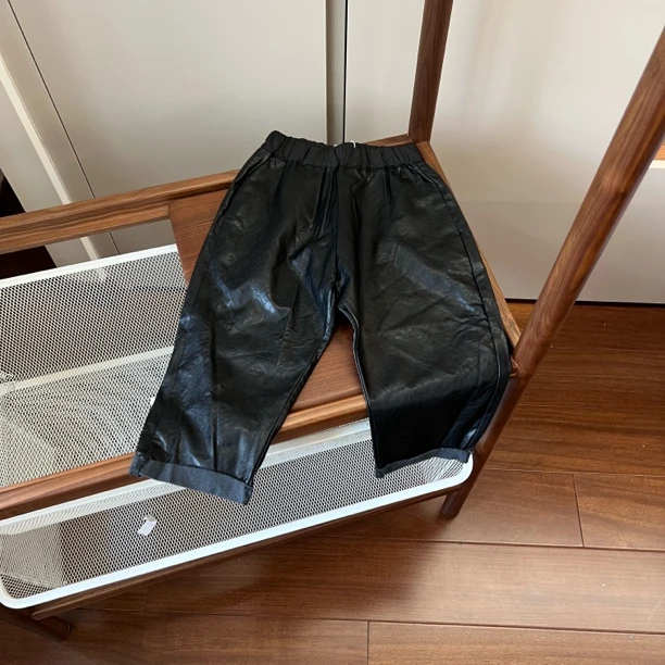 【编号C166】M21056-01-儿童翻边休闲皮裤 黑色-Mooe