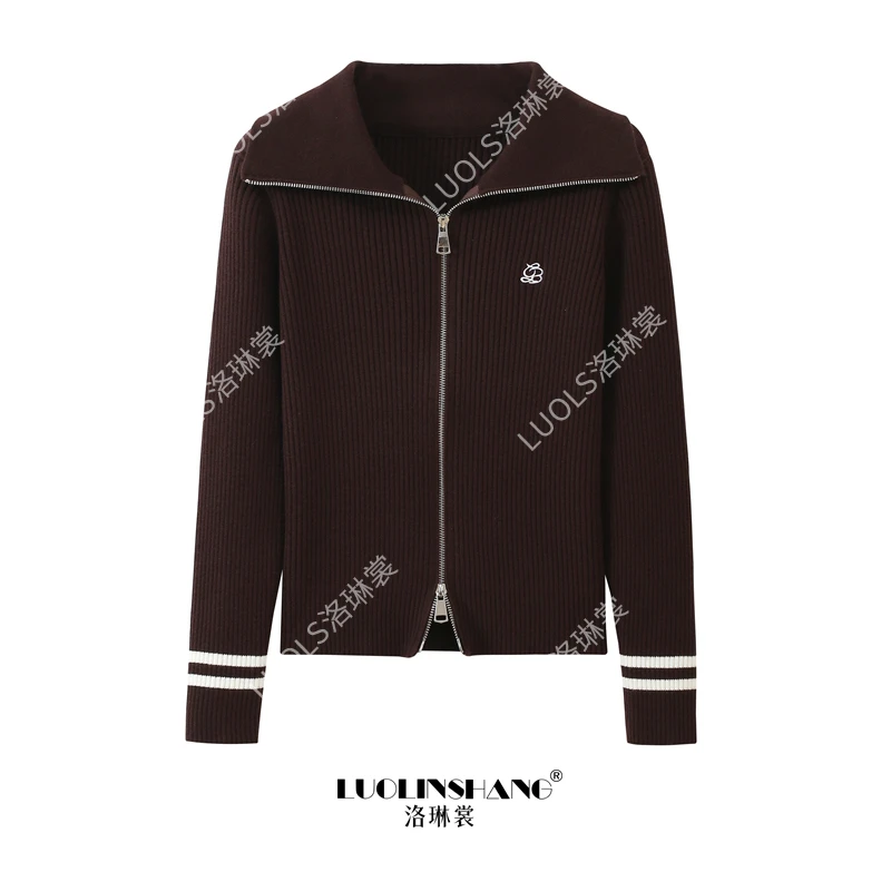 减龄学院风复古刺绣翻领针织开衫女2025秋冬新款撞色修身百搭上衣