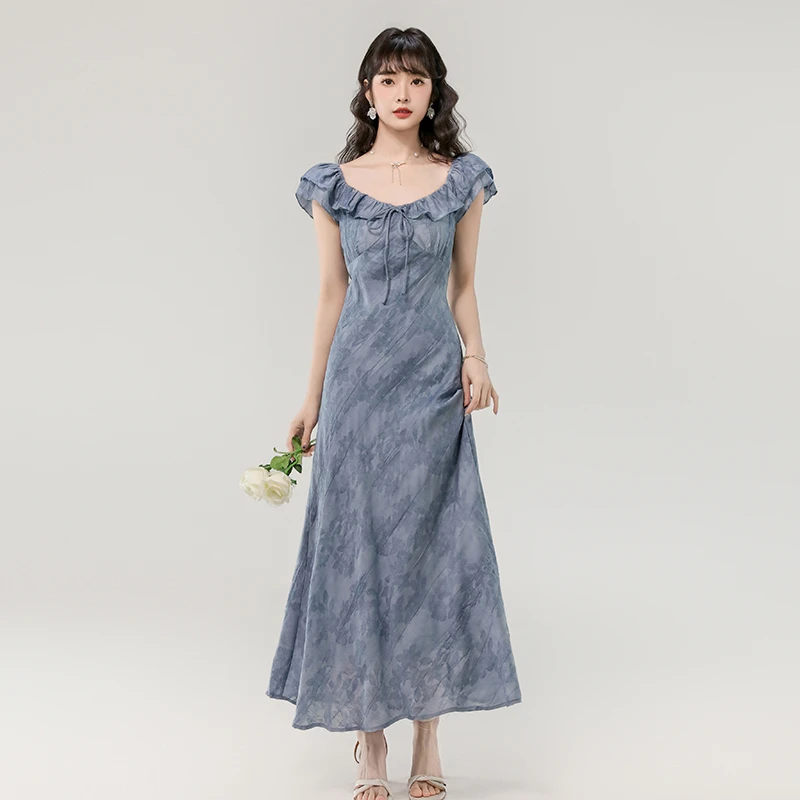 夏季新款法式优雅减龄扎染提花荷叶领修身显瘦长款收腰连衣裙长裙