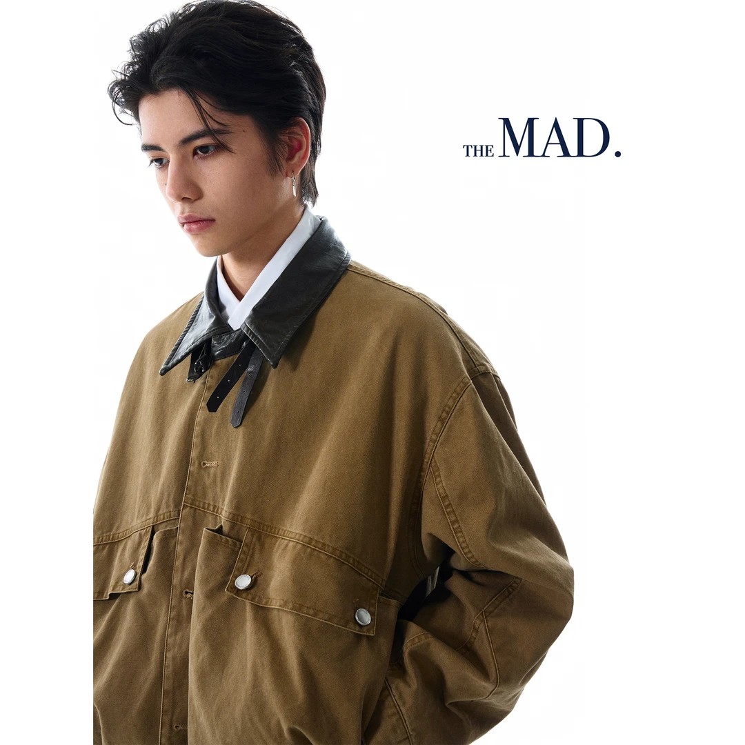 MADWITCH复古巴恩风皮领拼接夹克男女宽松休闲vintage大口袋外套