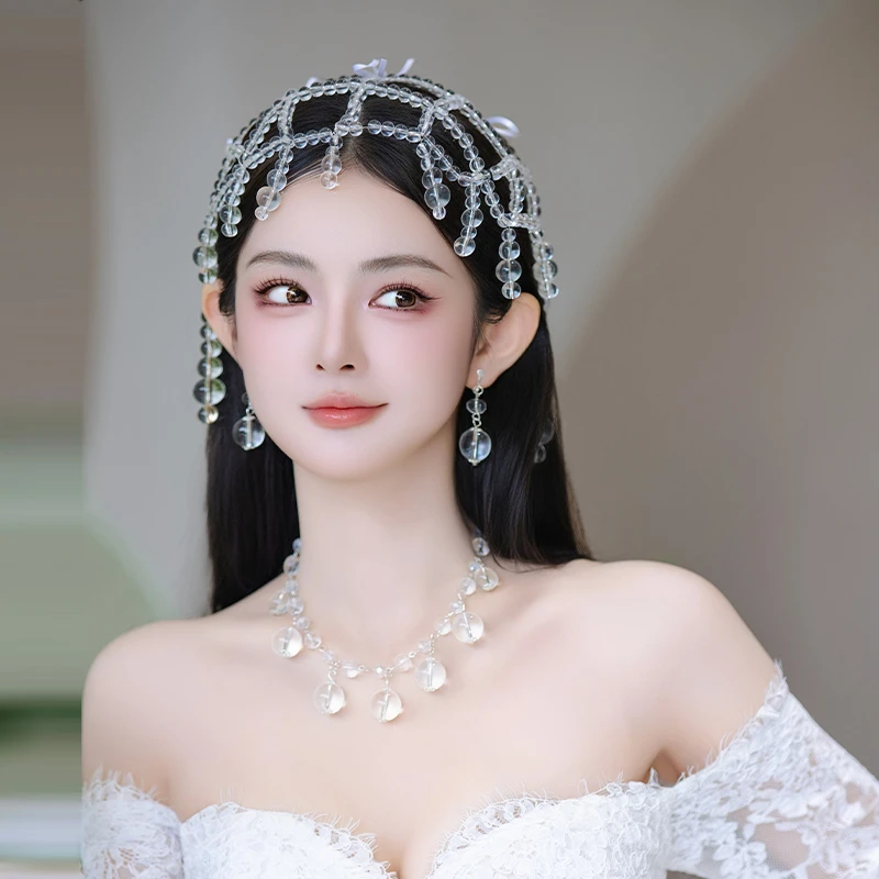 非金属树脂婚庆饰品 新款网红透明水晶帽形新娘高级感头饰品D0556