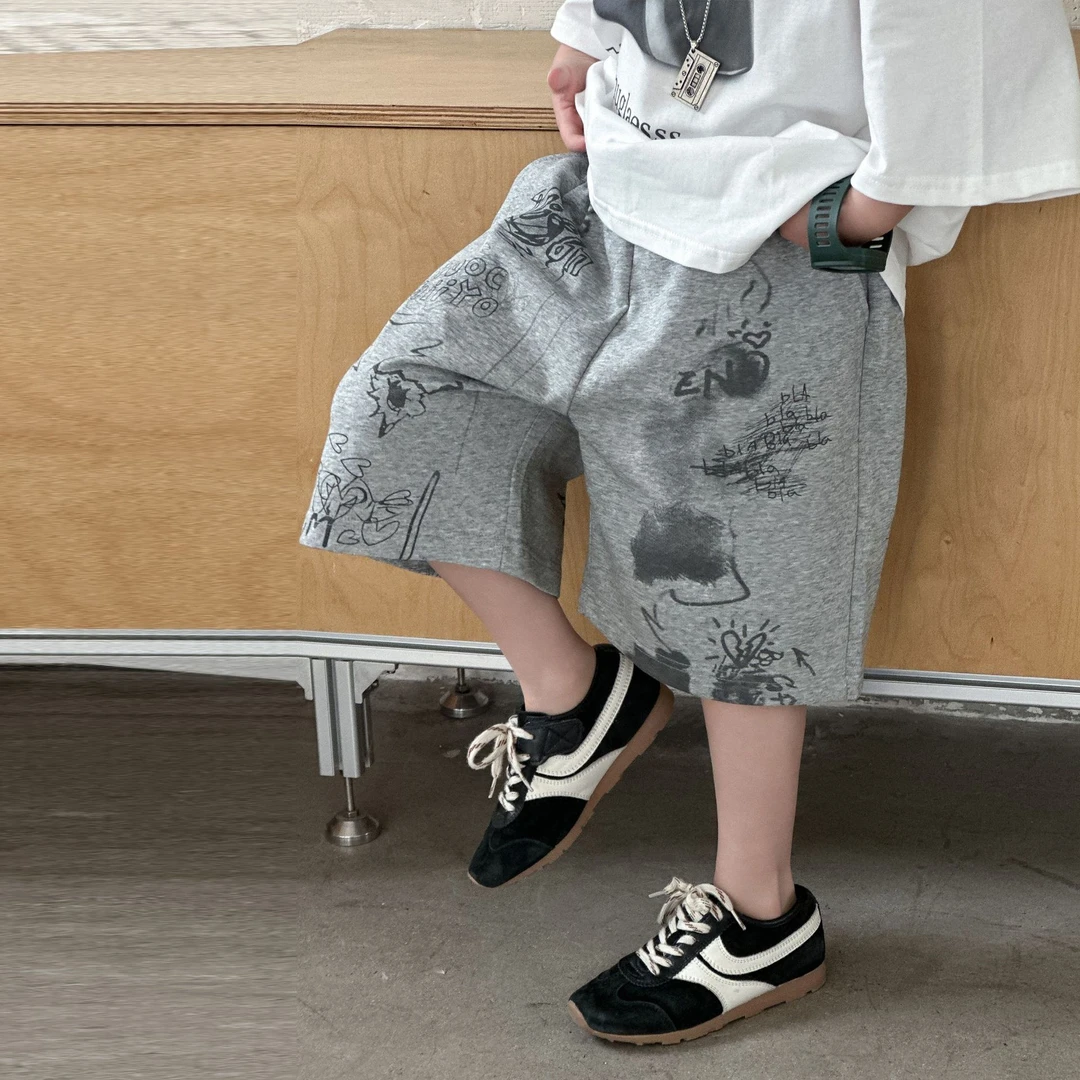 HY25123男童2025夏季新款复古涂鸦儿童中裤薄款宽松五分裤潮