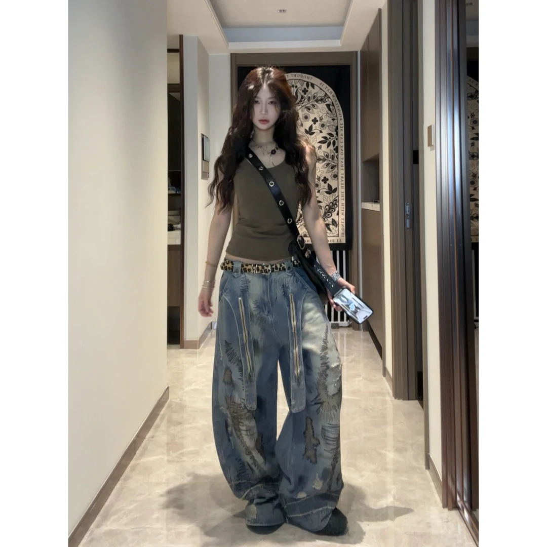 复古做旧污渍脏染弯刀牛仔裤子女夏辣妹乱绣阔腿裤男女同款高街