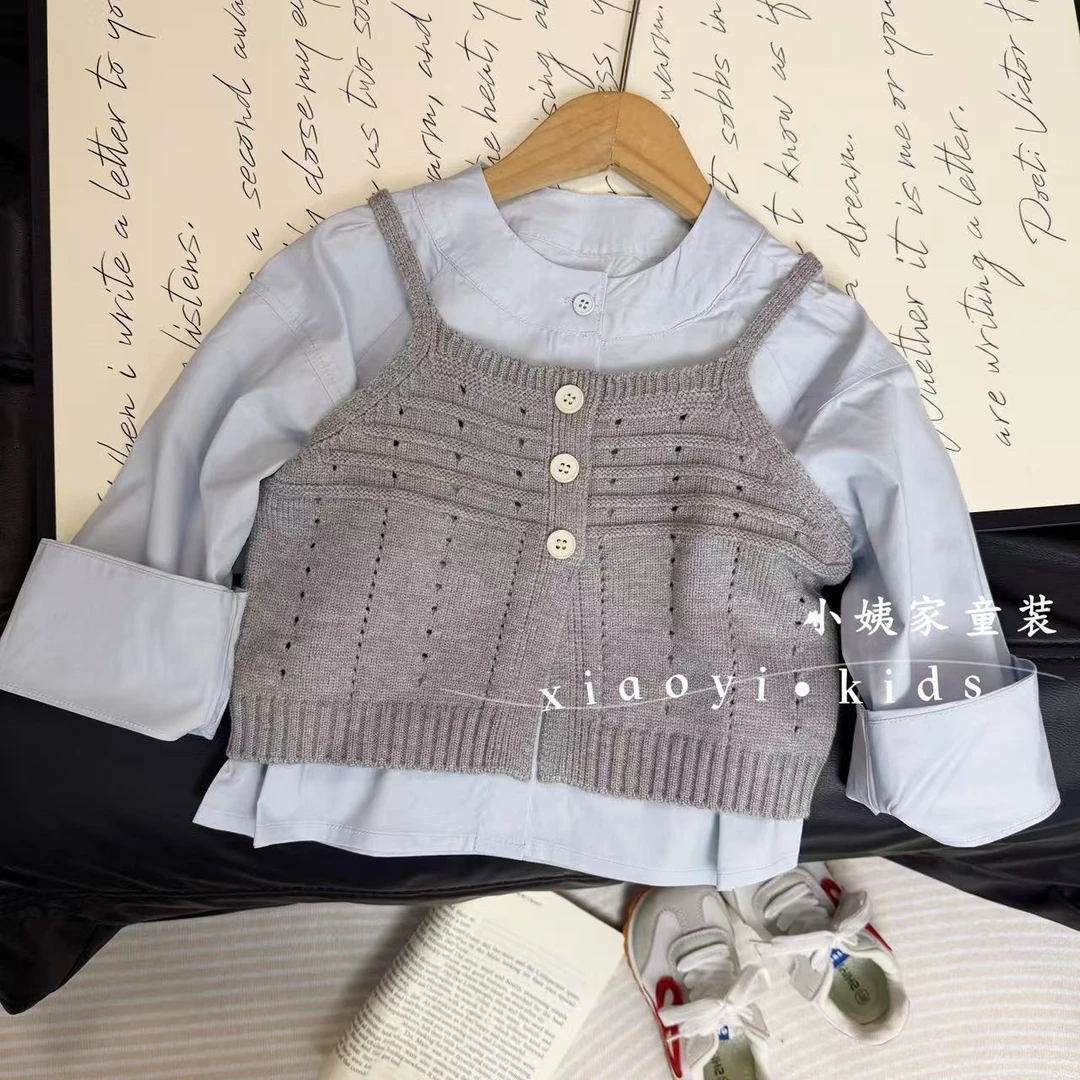 【真两件】秋上新女童针织背心开扣衬衣长袖两件套韩版女童洋气