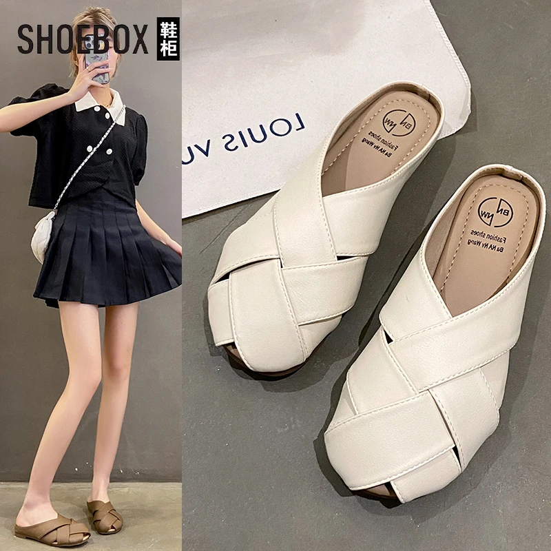 SHOEBOX鞋柜平底包头半拖鞋女2025夏季新款一脚蹬休闲百搭懒人