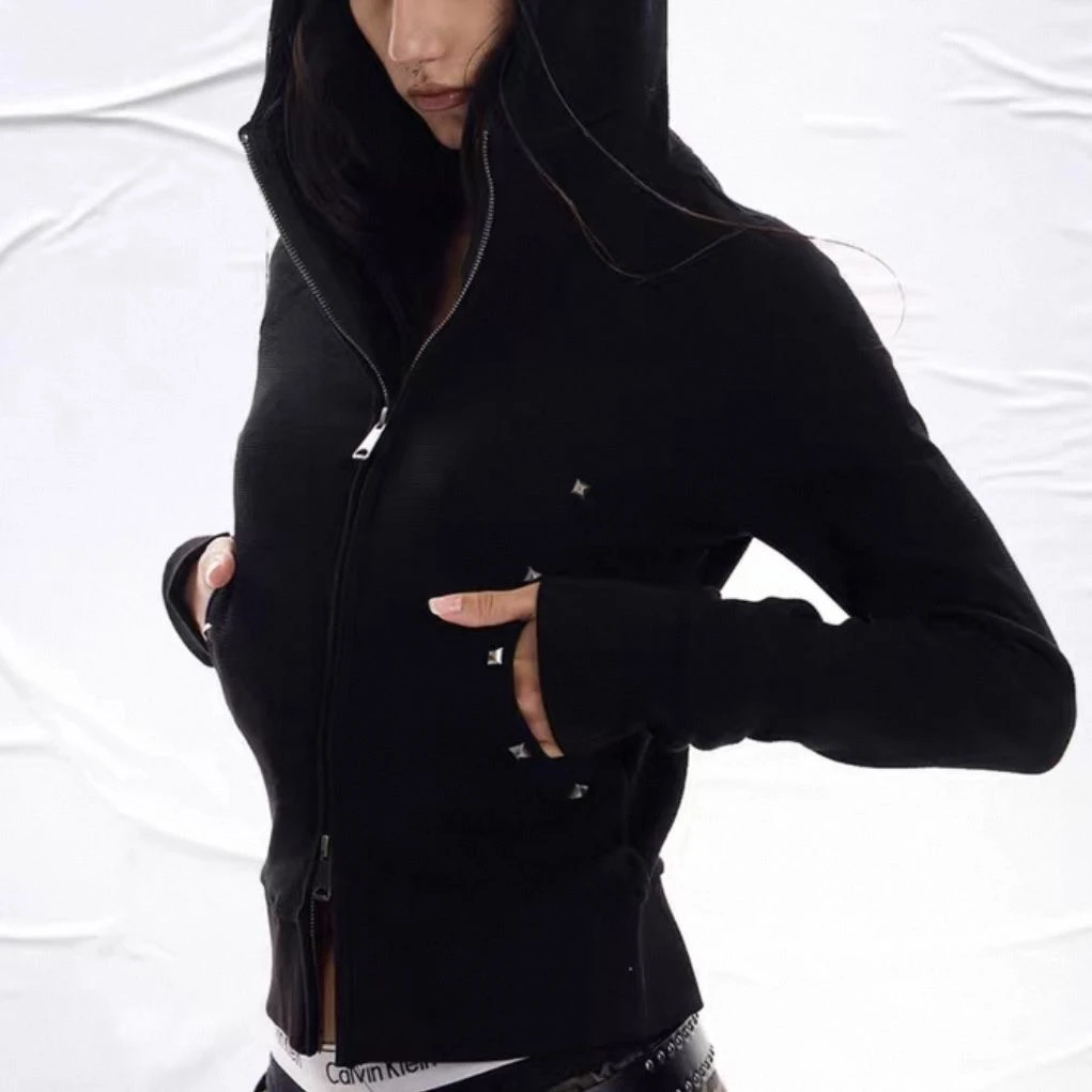 美式春秋新款铆钉修身短款连帽卫衣复古双头拉链开衫显瘦辣妹外套