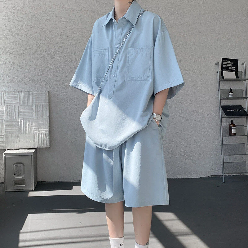 男士套装夏季ins潮运动设计感短袖短裤两件套室内办公休闲Polo衫