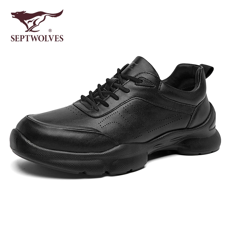 七匹狼正品男鞋2025新款秋季户外休闲皮鞋男厚底耐磨全黑色运动鞋