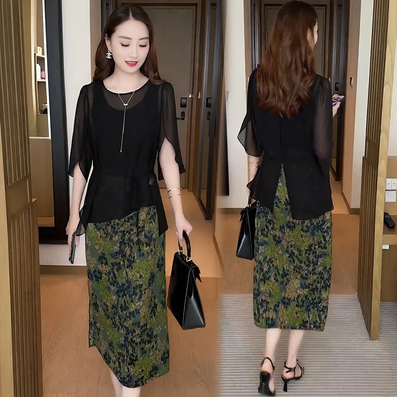 欧货高级感不规则上衣套装裙夏季新款系带罩衫+波点吊带裙两件套