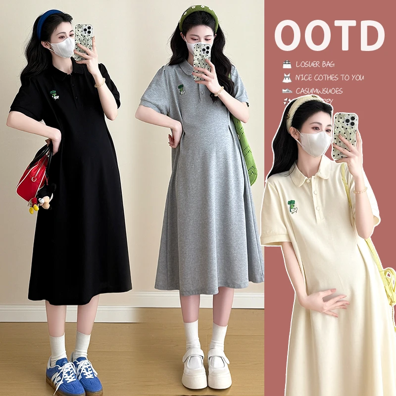 孕妇连衣裙夏季小个子2025新款显瘦遮肚裙子潮妈中长款时尚纯棉裙