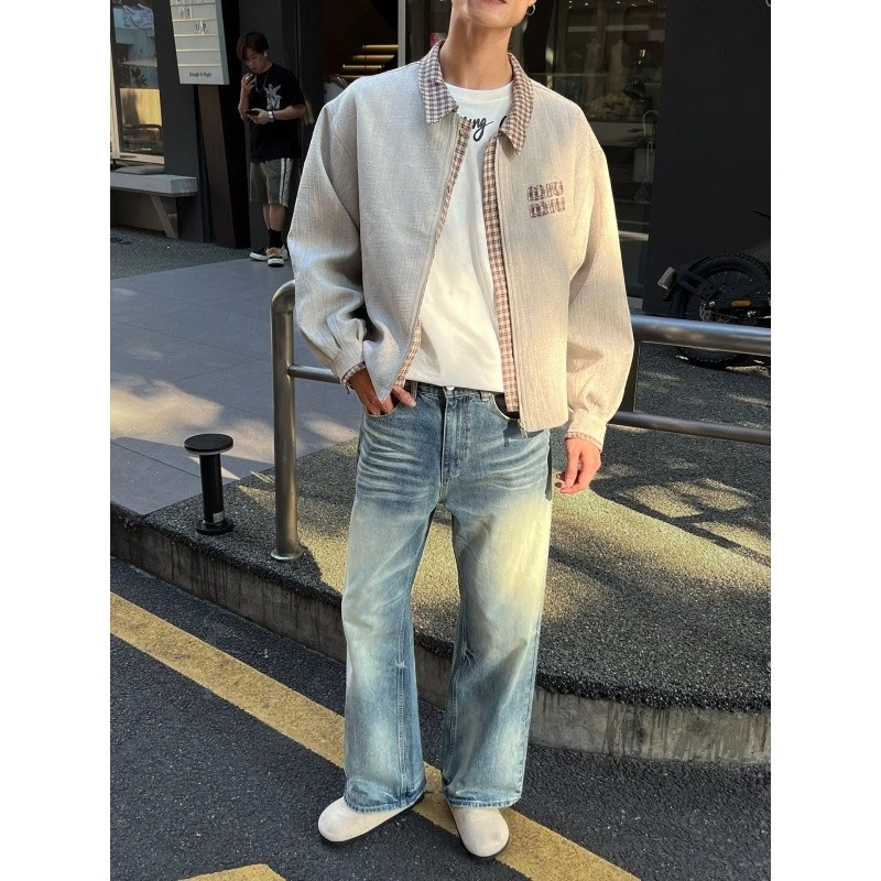 新款复古蓝色牛仔裤男秋冬美式宽松直筒阔腿裤百搭休闲工装长裤
