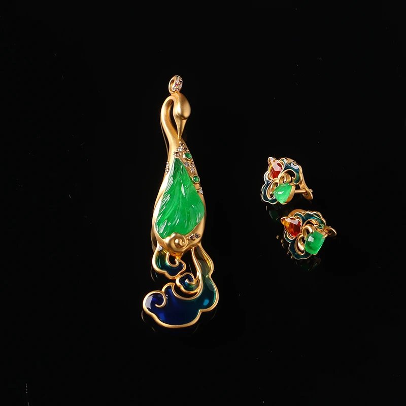 名玉艺术 18K金珐琅彩镶嵌工艺【有凤来仪】翡翠套装吊坠➕耳坠