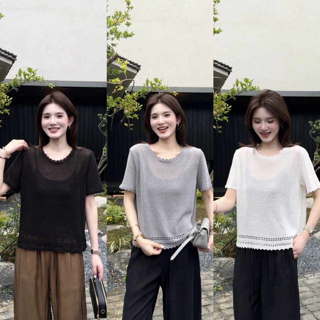 【L.P.L meng】2025夏季新款重工镂空花边显瘦百搭针织衫