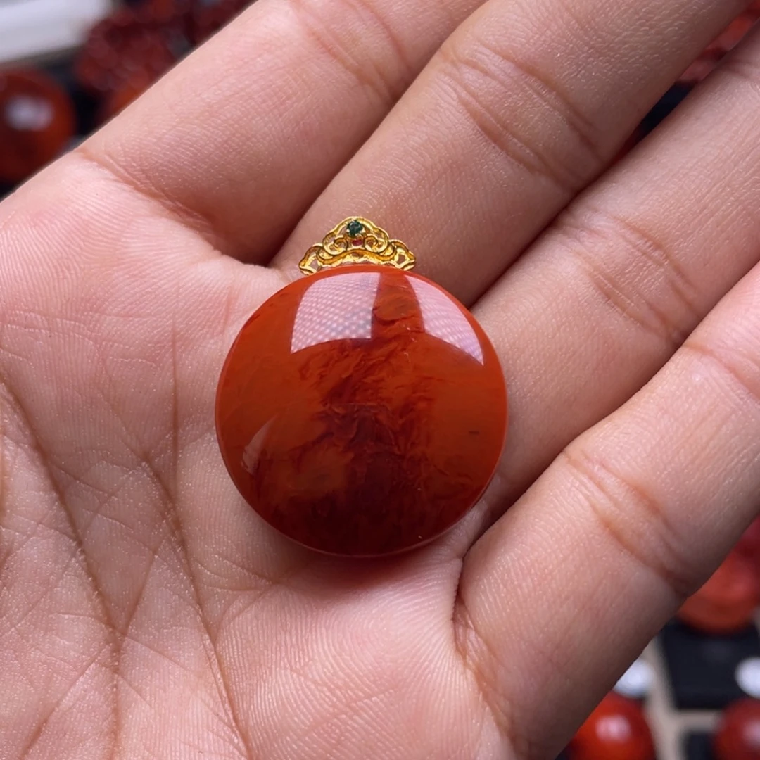 南红玛瑙珠宝奇石18K金镶嵌吊坠