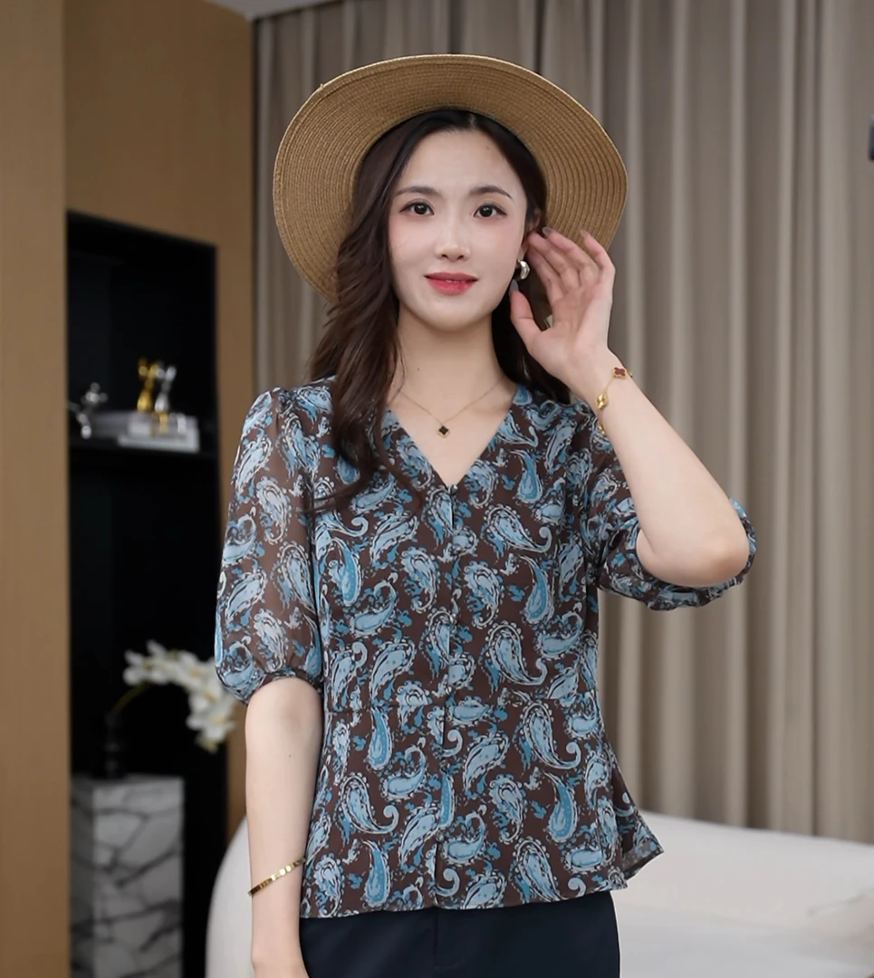 【富贵腰果花】夏季新款复古V领中袖衬衫减龄显瘦遮肚子上衣