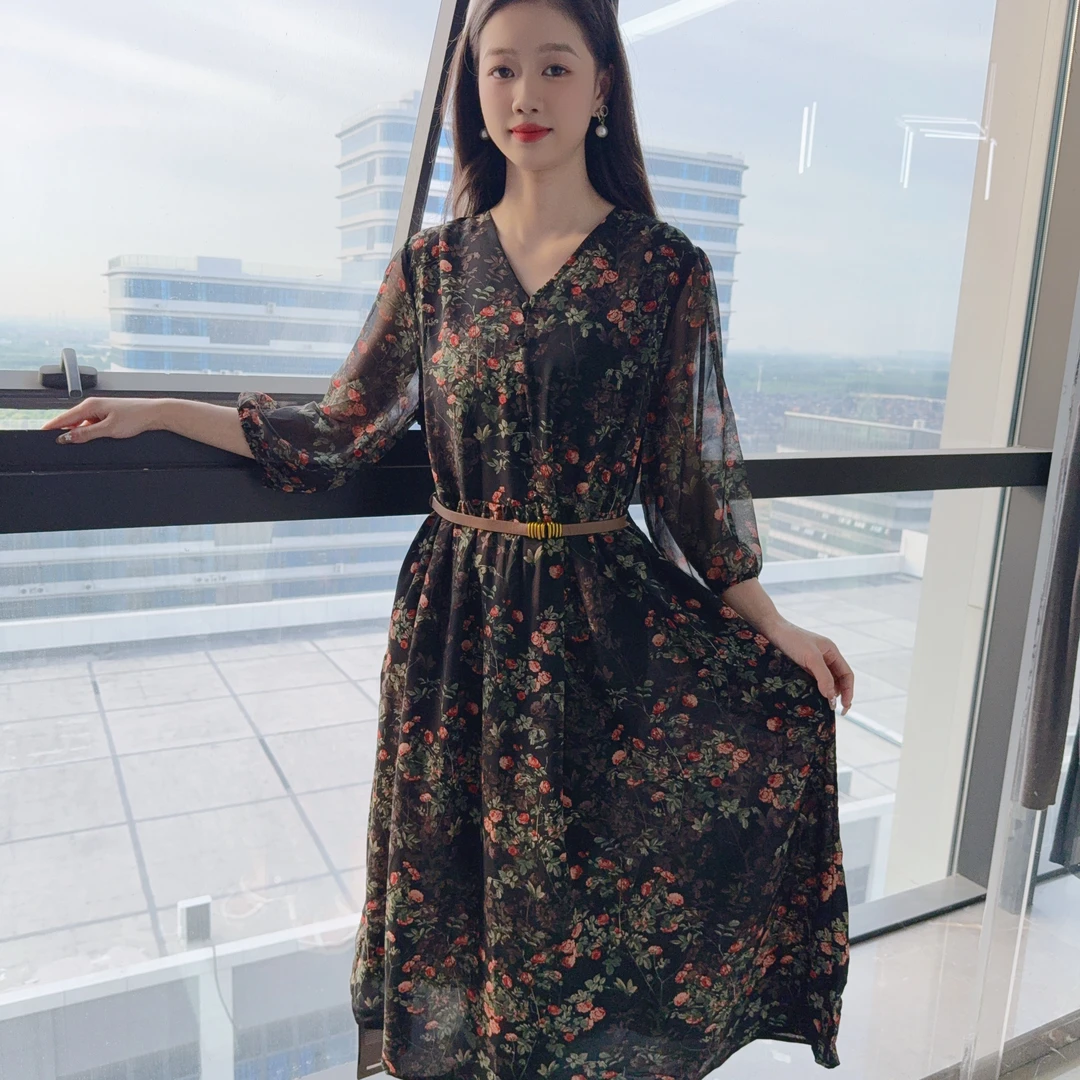 夏季桑蚕丝时尚印花连衣裙中女士A字裙圆领轻职风