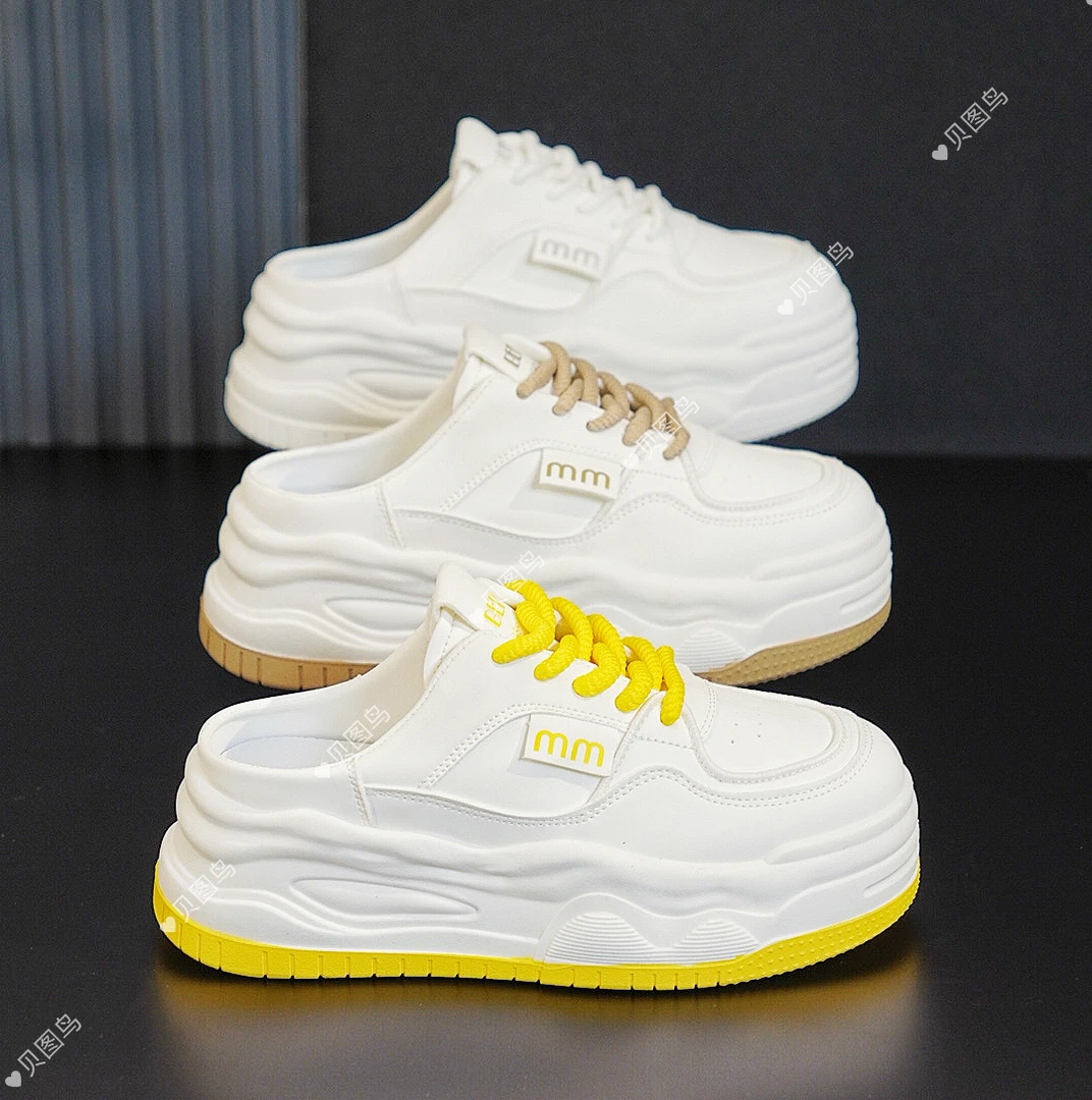 2025年夏季新款包头半拖鞋女外穿真皮厚底懒人一脚蹬松糕小白鞋