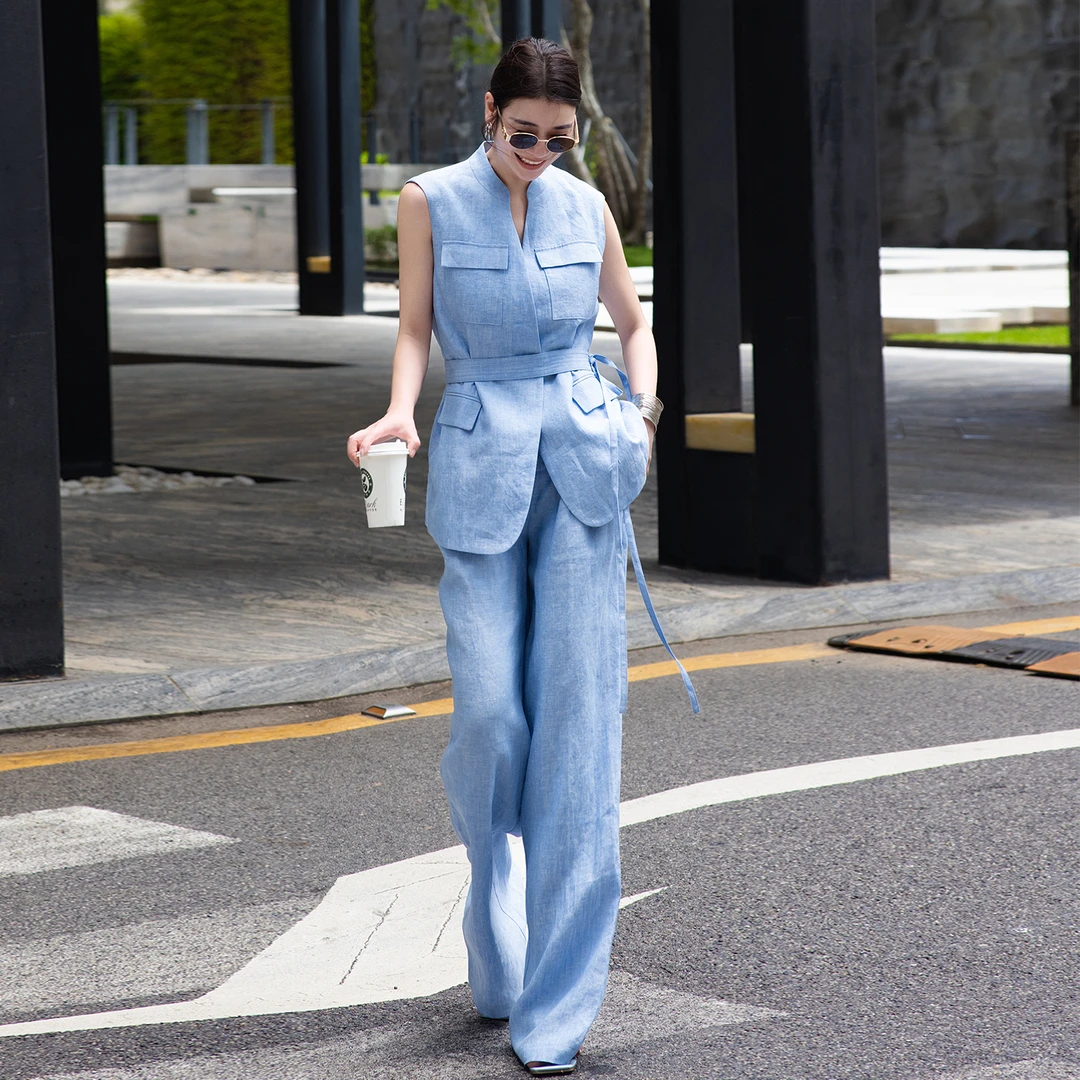 2025夏高级亚麻绑带V领马甲阔腿裤套装法式轻奢气质松驰感两件套