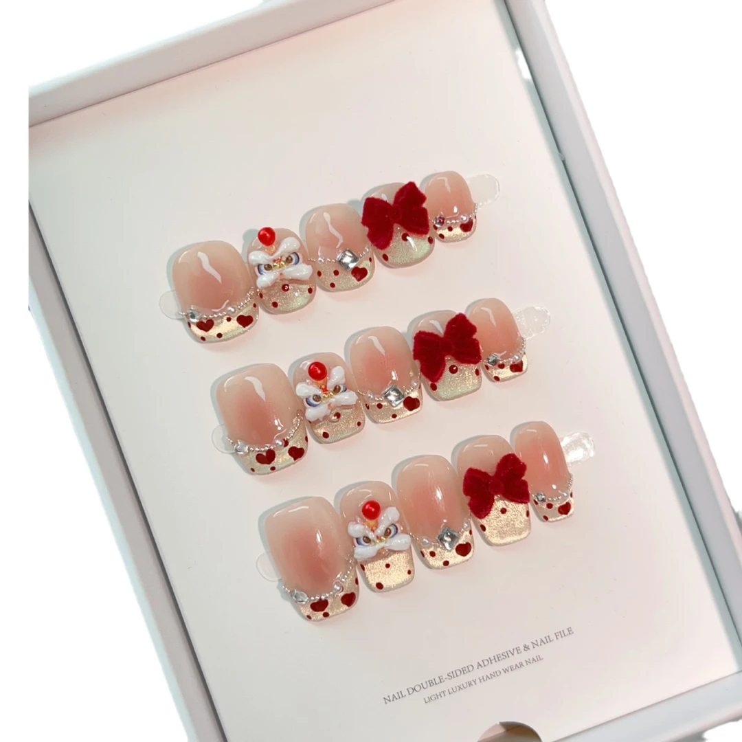 【喜狮年年】纯手工立体浮雕醒狮美甲指尖猫眼手绘爱心穿戴甲