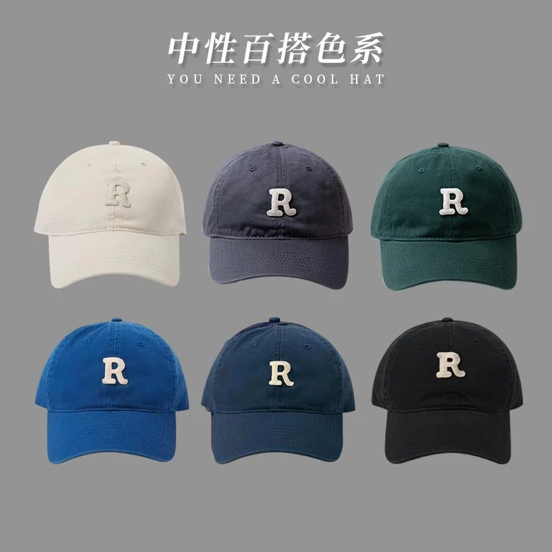 r标字母鸭舌帽女韩版显脸小棒球帽大头围帽子男潮ins潮牌夏季日系