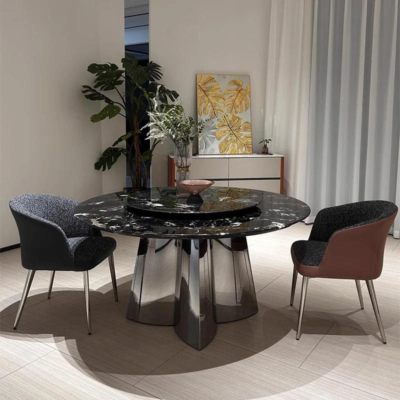 天然大理石餐桌意式轻奢极简圆形高级感家用现代餐桌