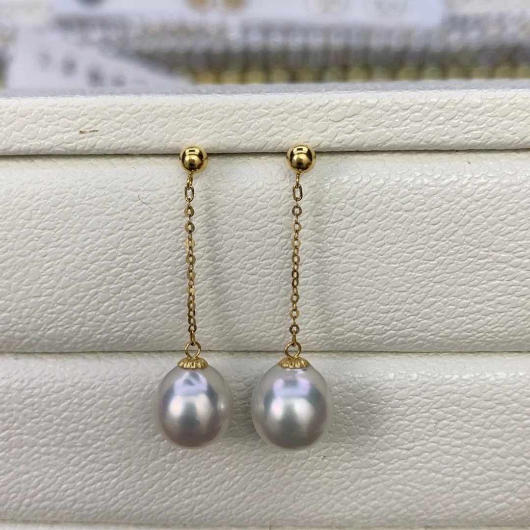 18K金镶嵌海水珍珠耳饰极光澳白对珠8-9mm