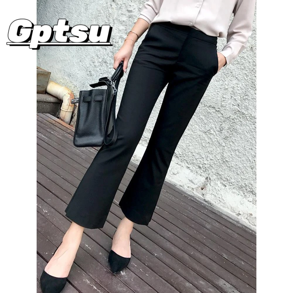 GPTSu黑色微喇裤女2025新款秋冬加绒高腰显瘦胖mm大码西装喇叭裤