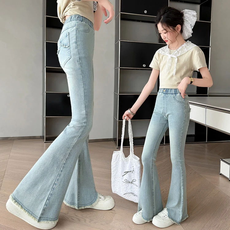 女童牛仔裤夏薄款新款高档儿童微喇裤子夏季女孩大童喇叭裤初中生