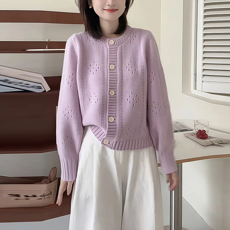 长袖针织衫韩系氛围感圆领毛衣早秋穿搭独特漂亮早秋上衣