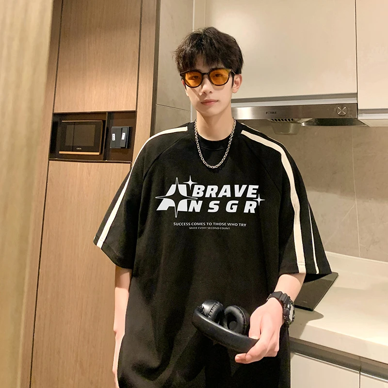 潮流美式拼接条纹短袖男款百搭时尚小众设计高级感双层领T恤男士