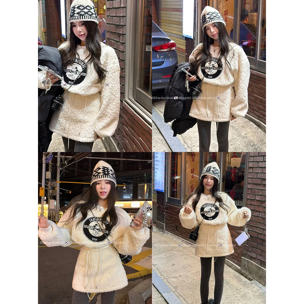 东大门定制米奇羊羔绒设计宽松百搭上衣+A字裙抽绳短裙套装