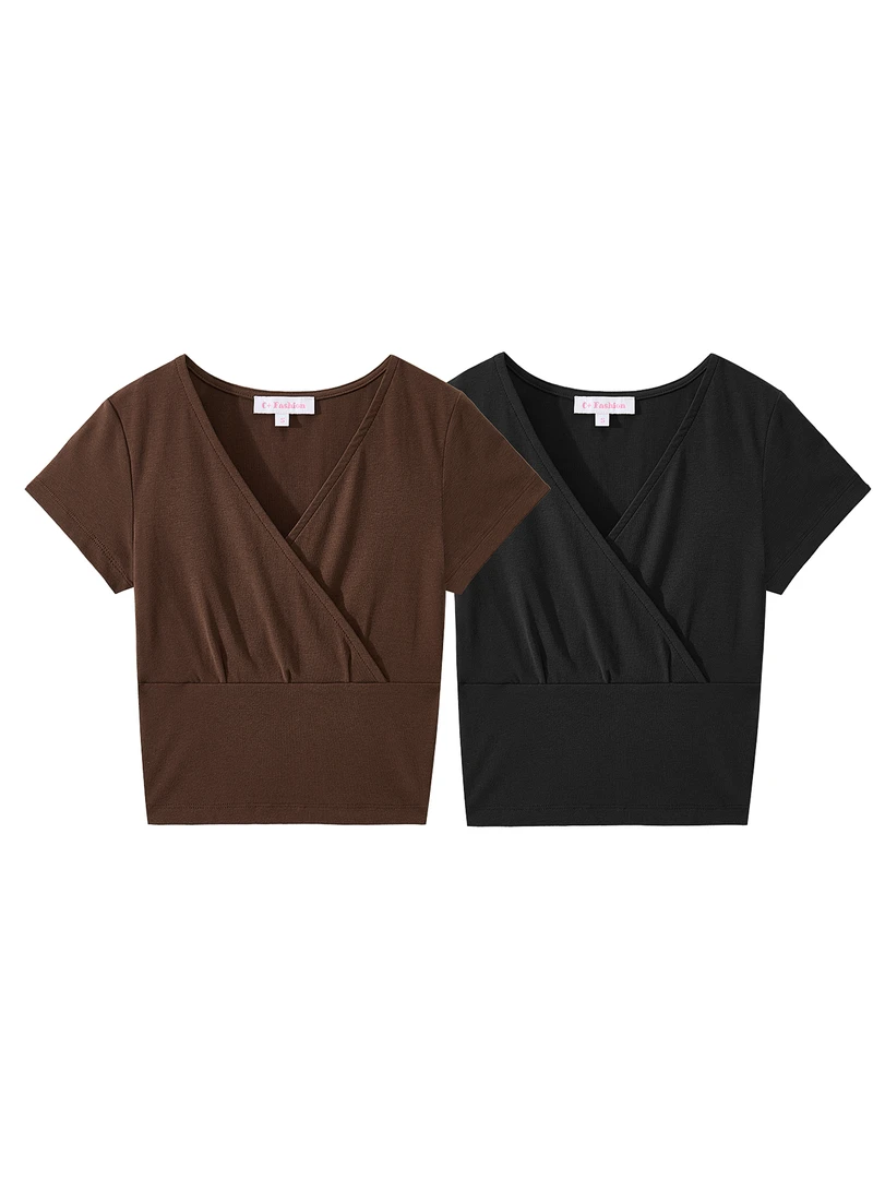 C+Fashion罗纹打底衫女百搭短袖T恤新款V领气质显瘦高弹修身上衣