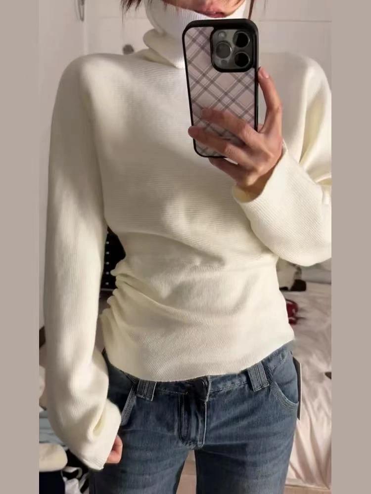 灰色高领修身收腰针织毛衣上衣2025新款内搭打底衫女+皮裙套装
