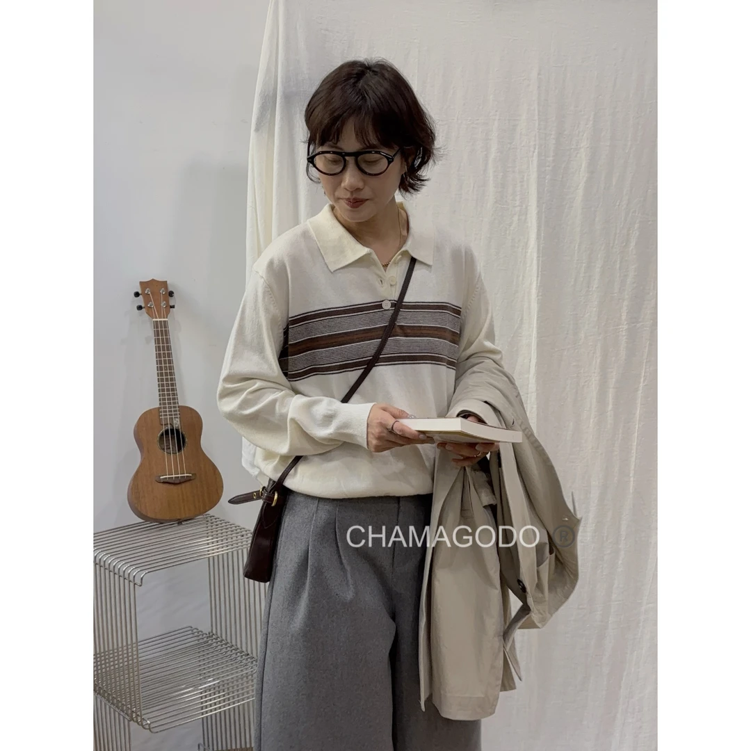 CHA MA GO DO10560miu系条纹针织羊毛翻领polo衫