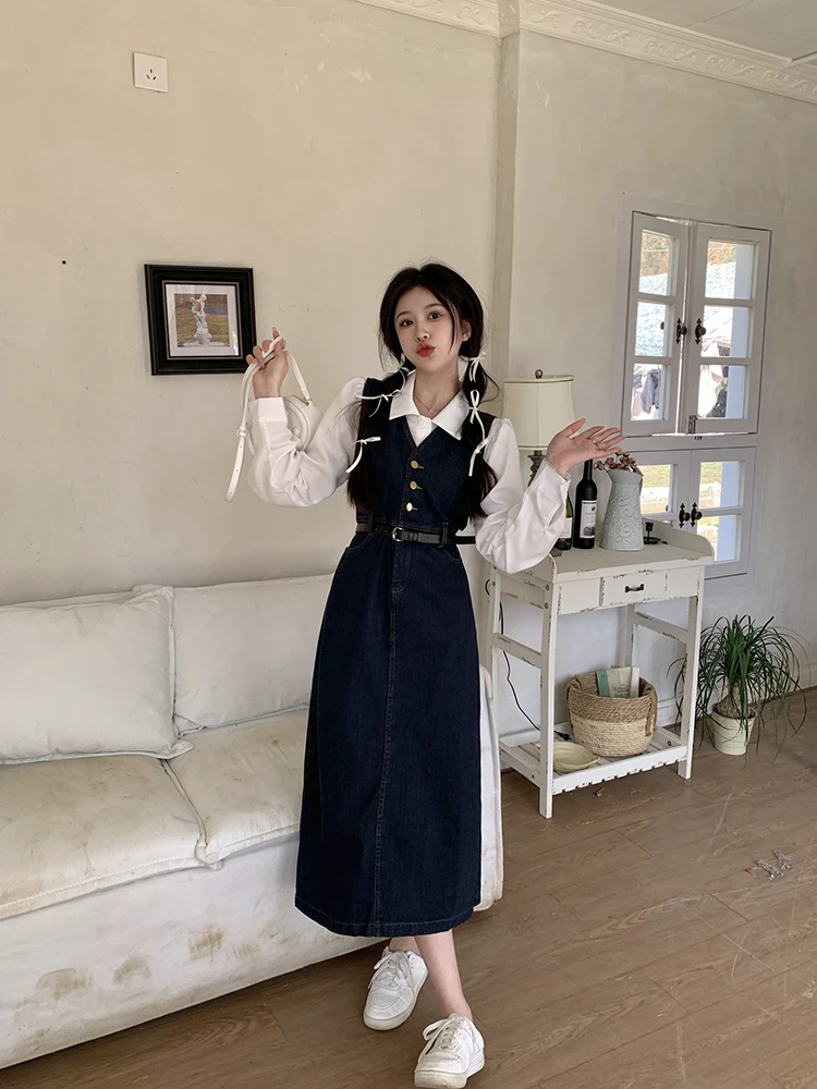 【冰岛日落】胖mm法式复古甜妹牛仔收腰显瘦背心裙衬衫出游两件套女