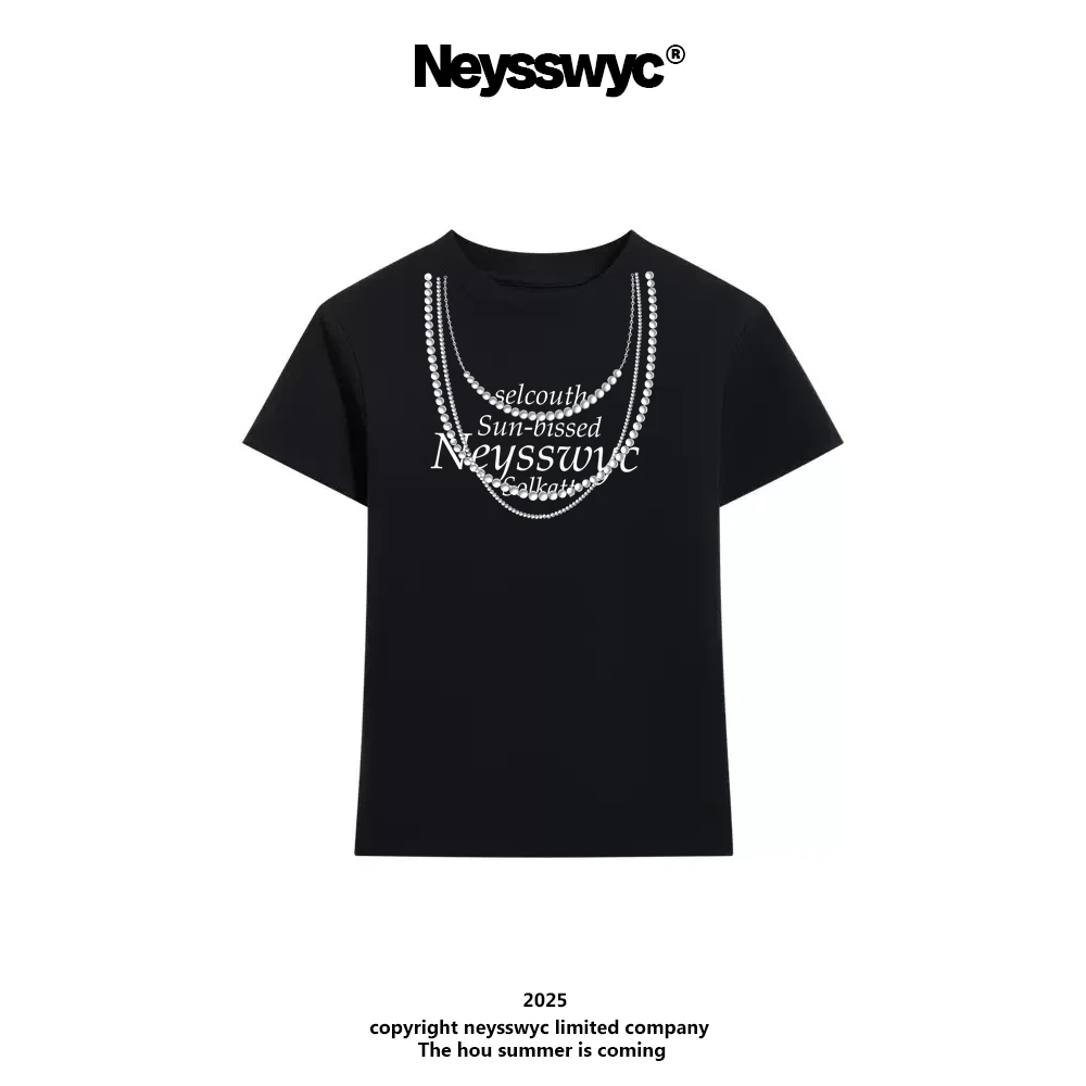NEYSSWYC 珍珠印花小飞袖正肩沙漏T恤辣妹修身夏季短袖显瘦百搭