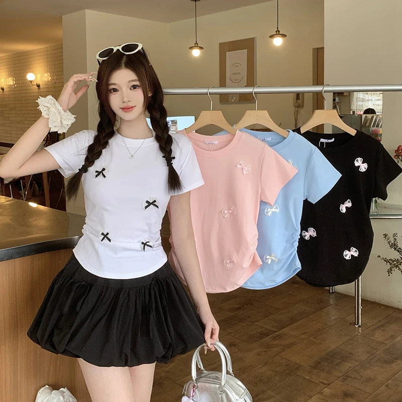 【小王家】2025夏季新款大码女装甜美立体蝴蝶结掐腰显瘦短袖T恤