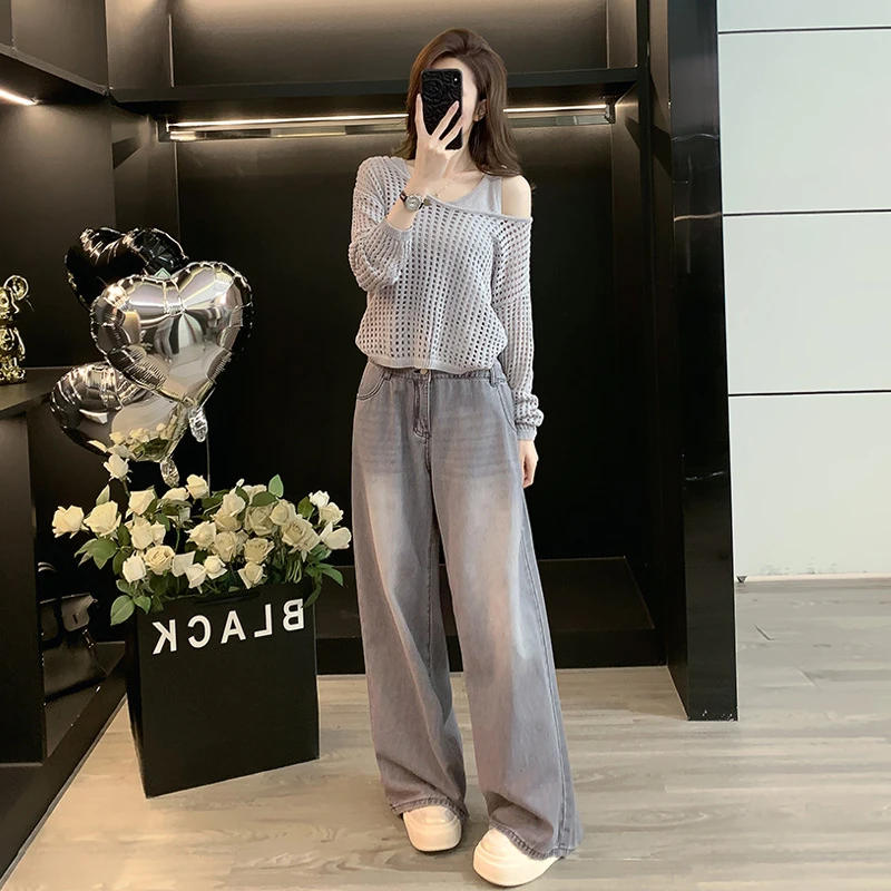 酷飒拽姐套装女1秋季设计感小众感韩系休闲街头牛仔阔腿裤两件套